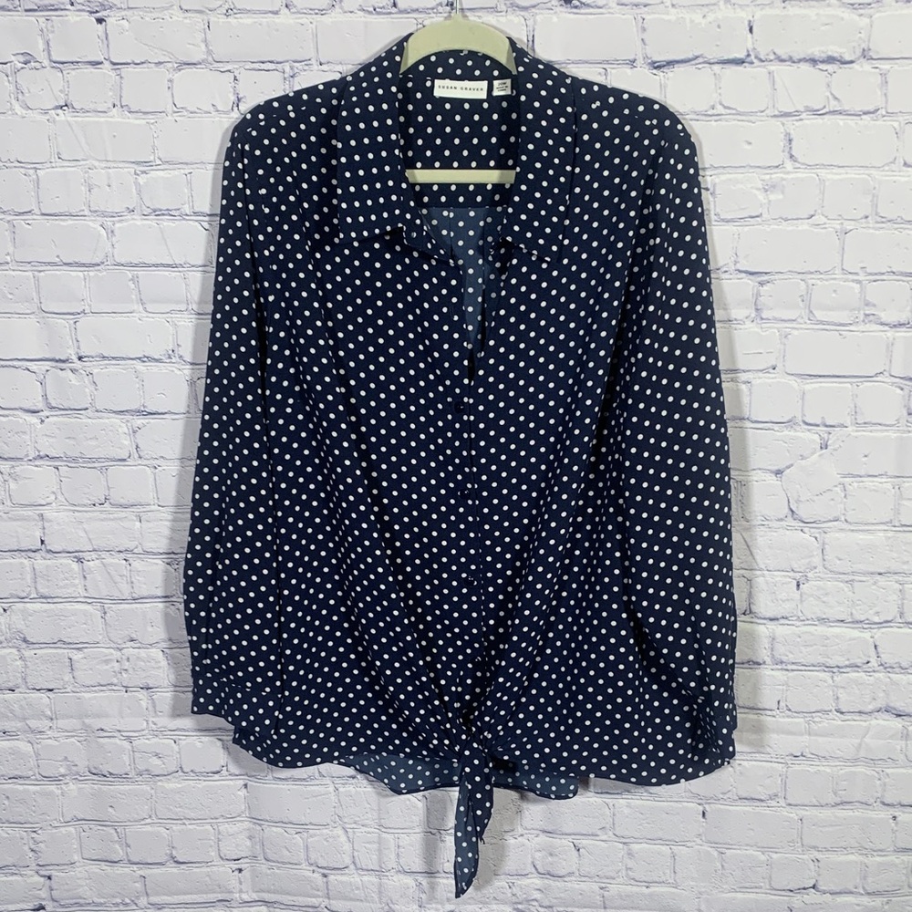 Susan Graver Womens Liquid Knit Polka Dot Button Down Navy Size 20W Casual